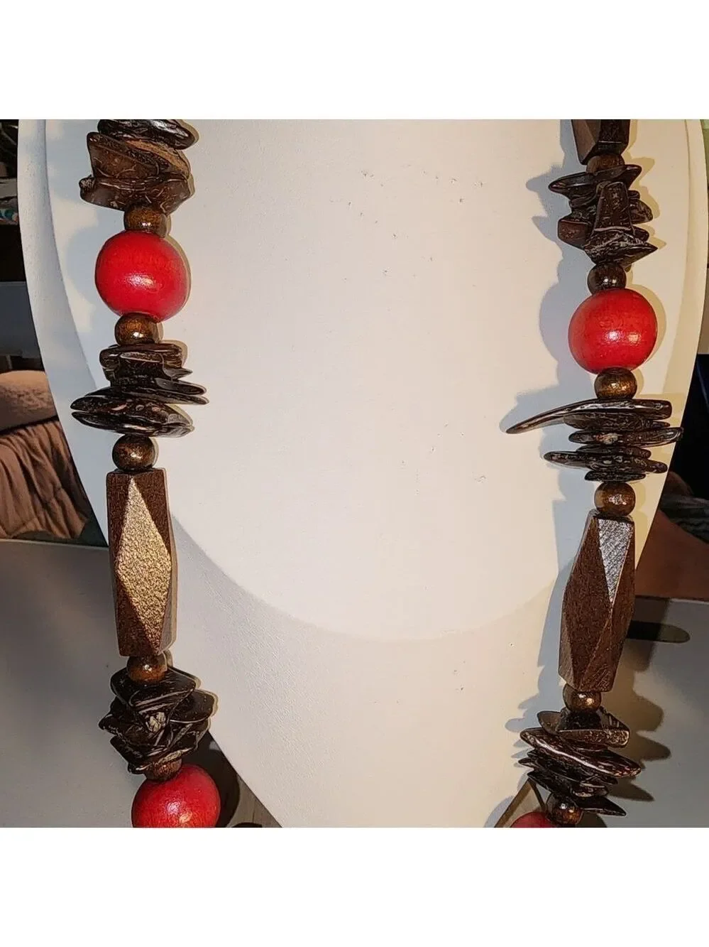 Wooden Elegant Brown and Red Beaded Geometric Necklace 36